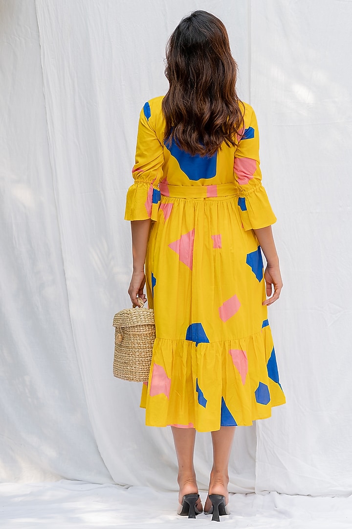 Yellow Cotton Digital Printed Summer Dress With Belt by ETAR at Pernia's Pop Up Shop
