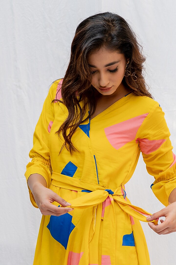 Yellow Cotton Digital Printed Summer Dress With Belt by ETAR at Pernia's Pop Up Shop