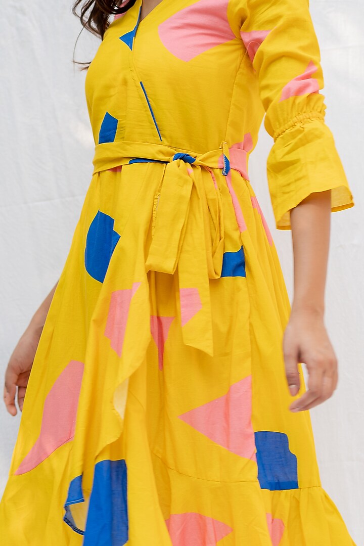 Yellow Cotton Digital Printed Summer Dress With Belt by ETAR at Pernia's Pop Up Shop