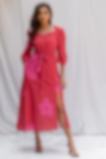 Pink Cotton Digital Printed Dress With Belt by ETAR