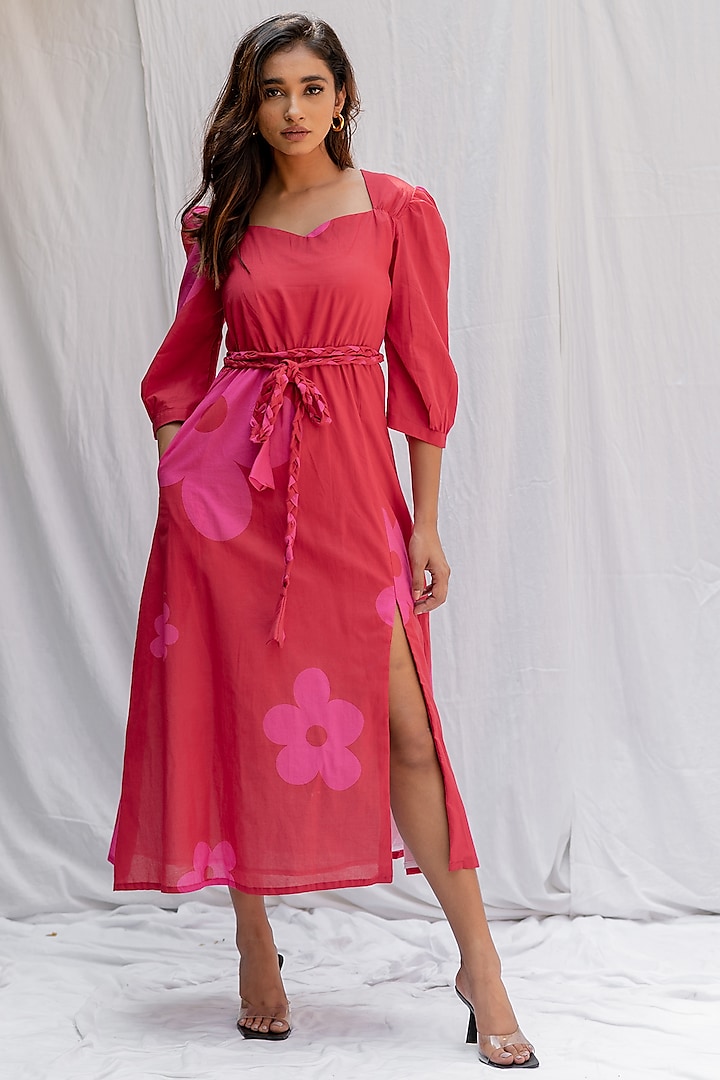 Pink Cotton Digital Printed Dress With Belt by ETAR