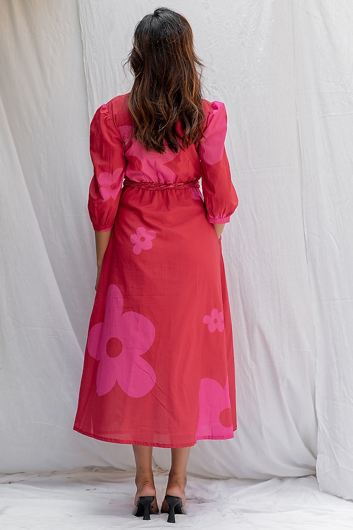 Pink Cotton Digital Printed Summer Dress With Belt by ETAR at Pernia's Pop Up Shop