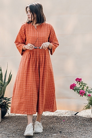 Orange Handwoven Cotton Dress by ETAR