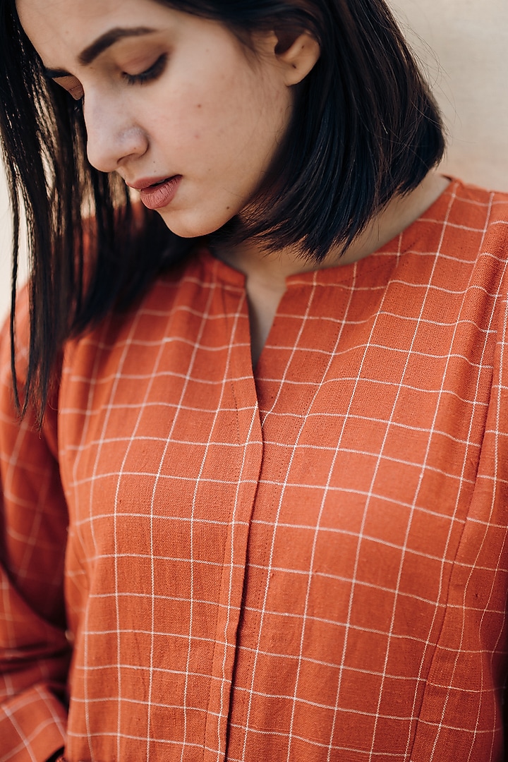 Orange Handwoven Cotton Summer Dress by ETAR at Pernia's Pop Up Shop