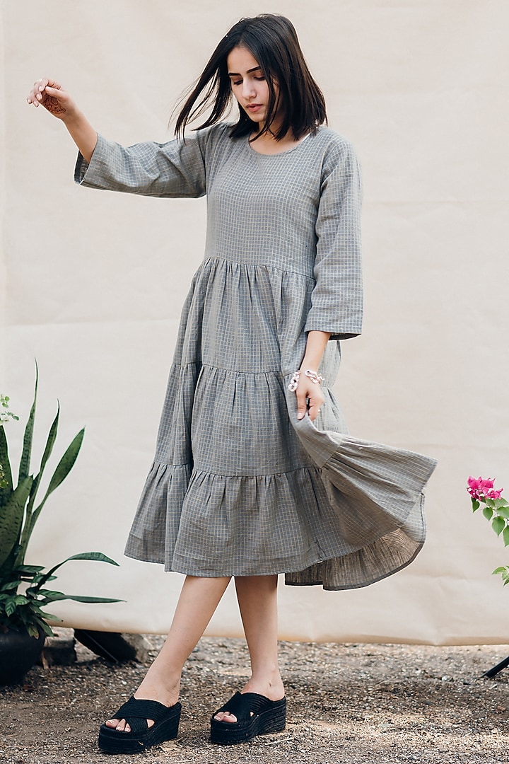 Grey Handwoven Cotton Check Dress by ETAR at Pernia's Pop Up Shop