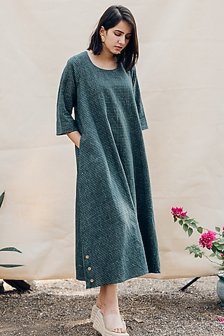 Green Handwoven Cotton Check Dress by ETAR