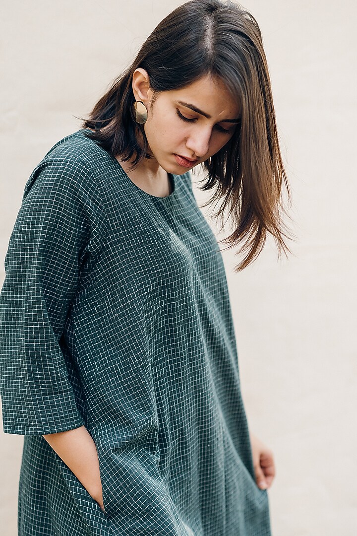 Green Handwoven Cotton Check Dress by ETAR at Pernia's Pop Up Shop 2026