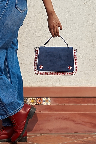 Blue Cotton & Poly Blend Handbag by Etcetera