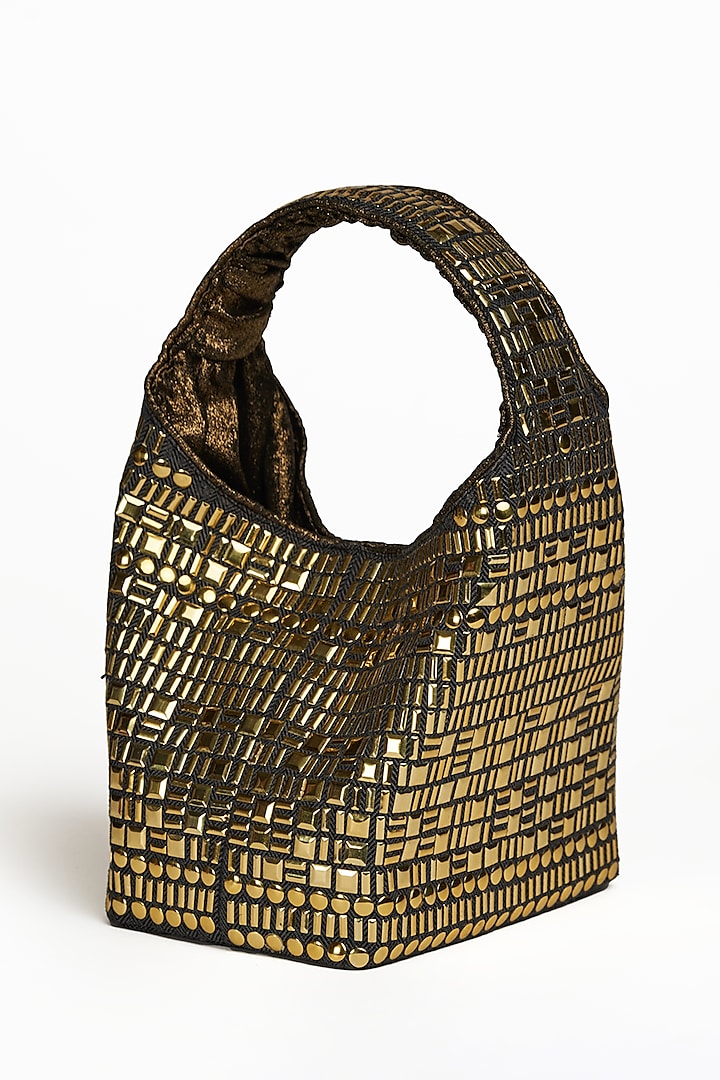 Gold & Black Linen Metal Embellished Handbag by Etcetera