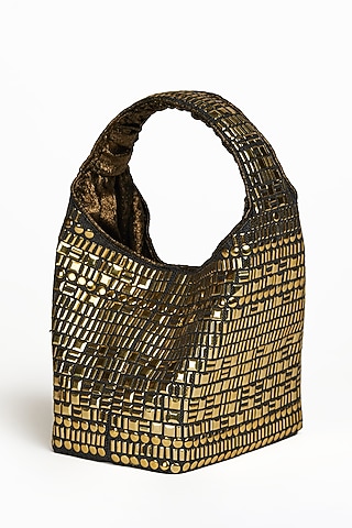 Gold & Black Linen Metal Embellished Handbag by Etcetera