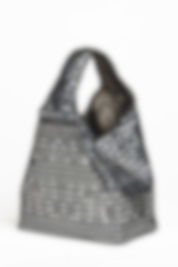 Silver & Black Linen Metal Embellished Handbag by Etcetera