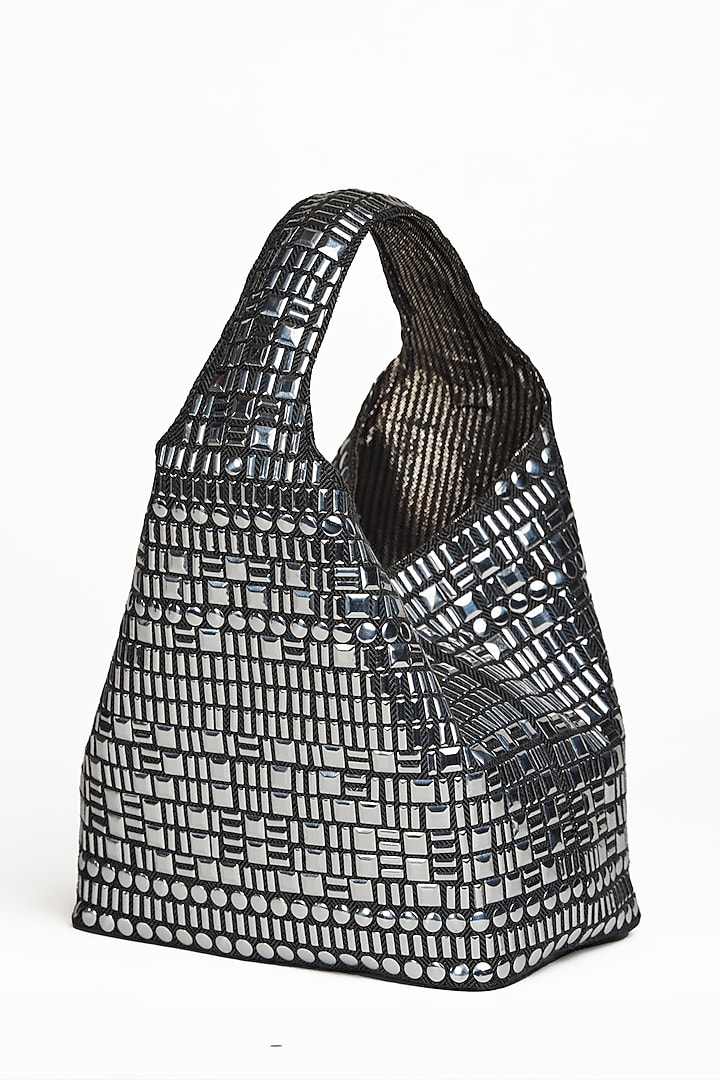 Silver & Black Linen Metal Embellished Handbag by Etcetera