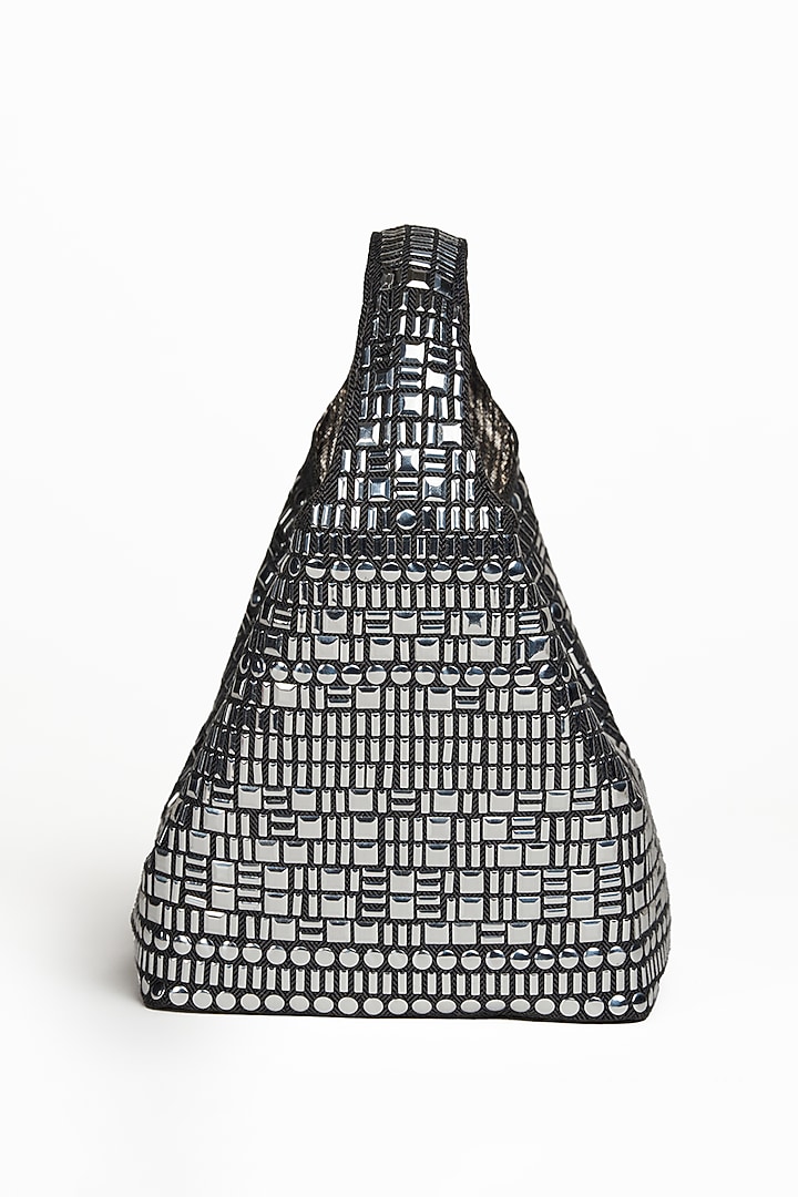 Silver & Black Linen Metal Embellished Handbag by Etcetera at Pernia's Pop Up Shop