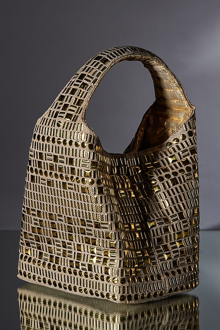 Gold & Beige Cotton Linen Metal Embellished Handbag by Etcetera