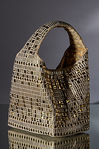 Gold & Beige Cotton Linen Metal Embellished Handbag by Etcetera