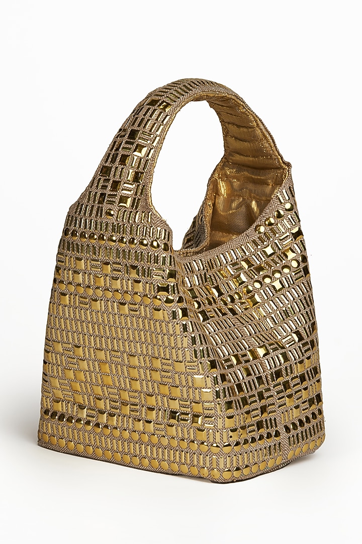 Gold & Beige Cotton Linen Metal Embellished Handbag by Etcetera at Pernia's Pop Up Shop