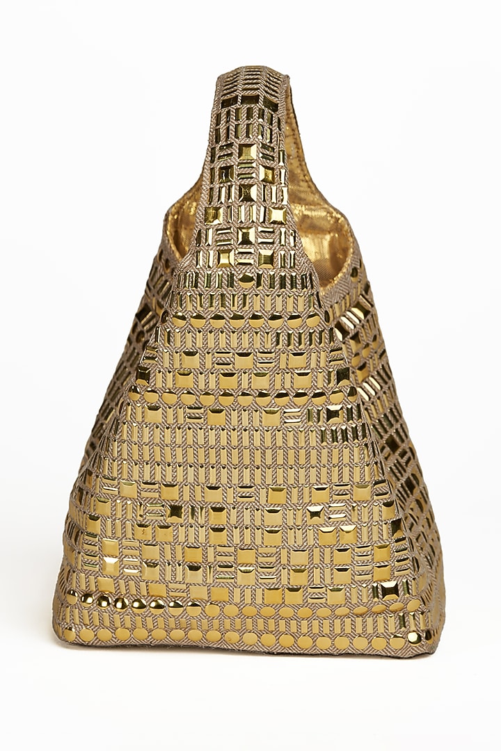 Gold & Beige Cotton Linen Metal Embellished Handbag by Etcetera at Pernia's Pop Up Shop