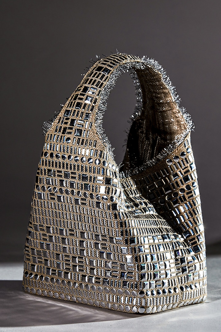 Silver & Beige Cotton Linen Metal Embellished Handbag by Etcetera