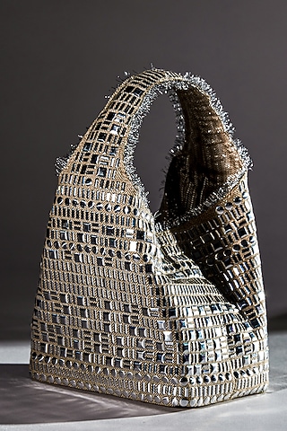 Silver & Beige Cotton Linen Metal Embellished Handbag by Etcetera