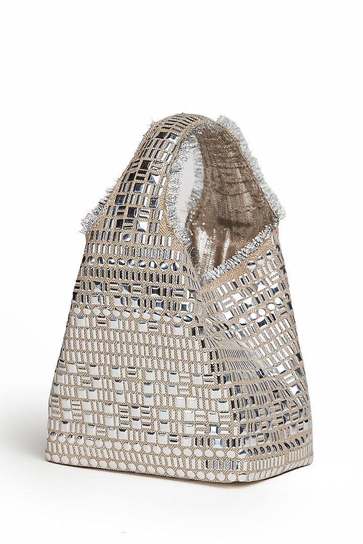 Silver & Beige Cotton Linen Metal Embellished Handbag by Etcetera at Pernia's Pop Up Shop