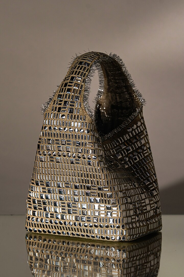 Silver & Beige Cotton Linen Metal Embellished Handbag by Etcetera at Pernia's Pop Up Shop