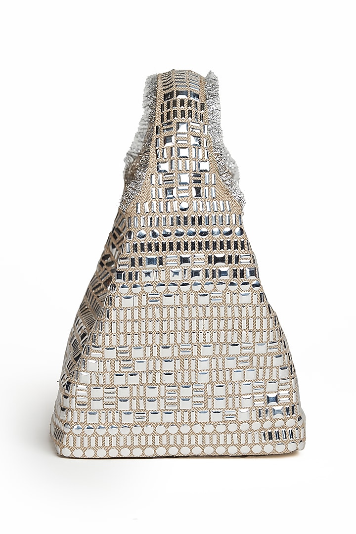 Silver & Beige Cotton Linen Metal Embellished Handbag by Etcetera at Pernia's Pop Up Shop