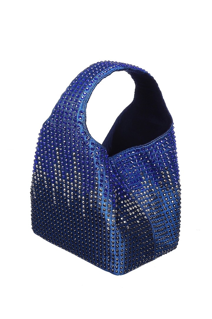 Blue & Black Satin Rhinestone Embellished Handbag by Etcetera