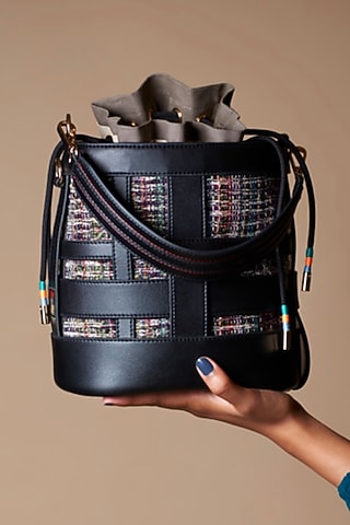 Black Vegan Leather & Woven Cotton Bucket Bag by Etcetera
