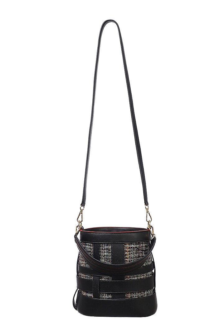 Black Vegan Leather & Woven Cotton Bucket Bag by Etcetera at Pernia's Pop Up Shop
