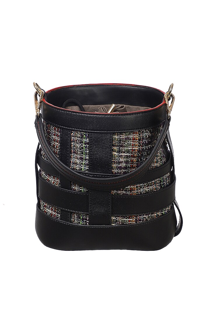Black Vegan Leather & Woven Cotton Bucket Bag by Etcetera at Pernia's Pop Up Shop