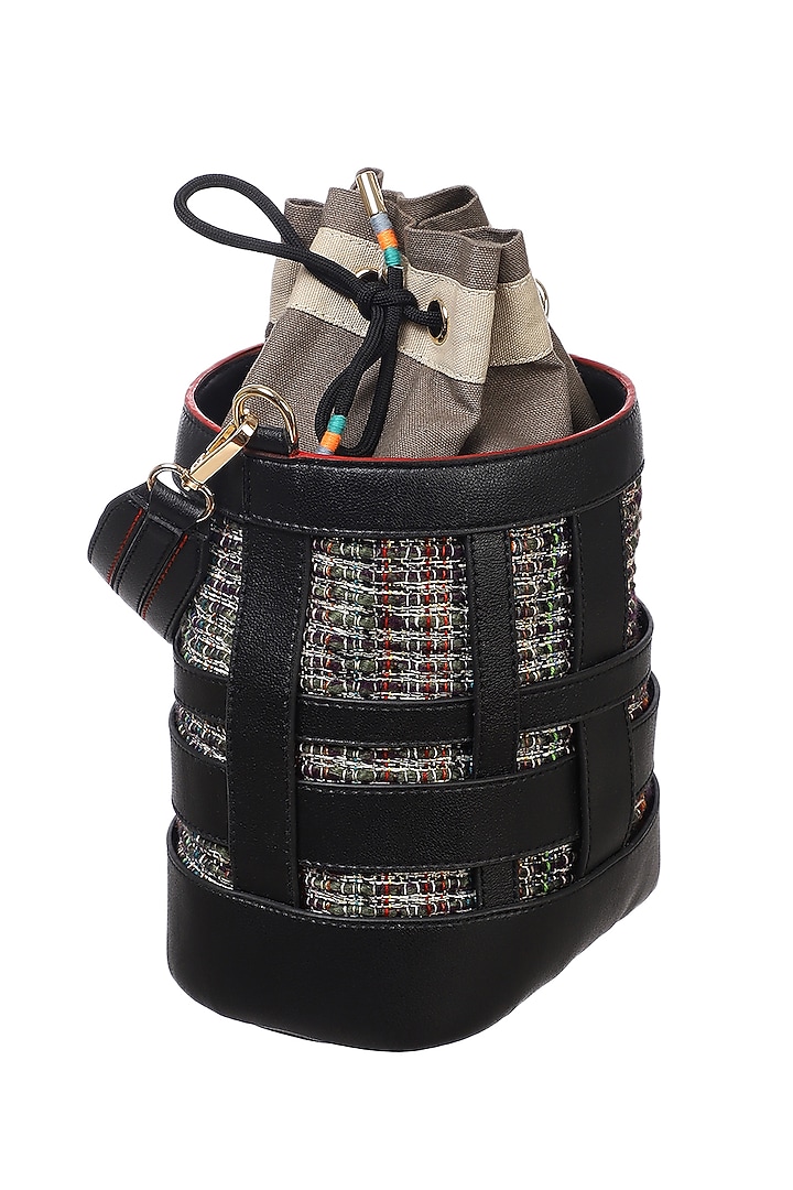 Black Vegan Leather & Woven Cotton Bucket Bag by Etcetera at Pernia's Pop Up Shop