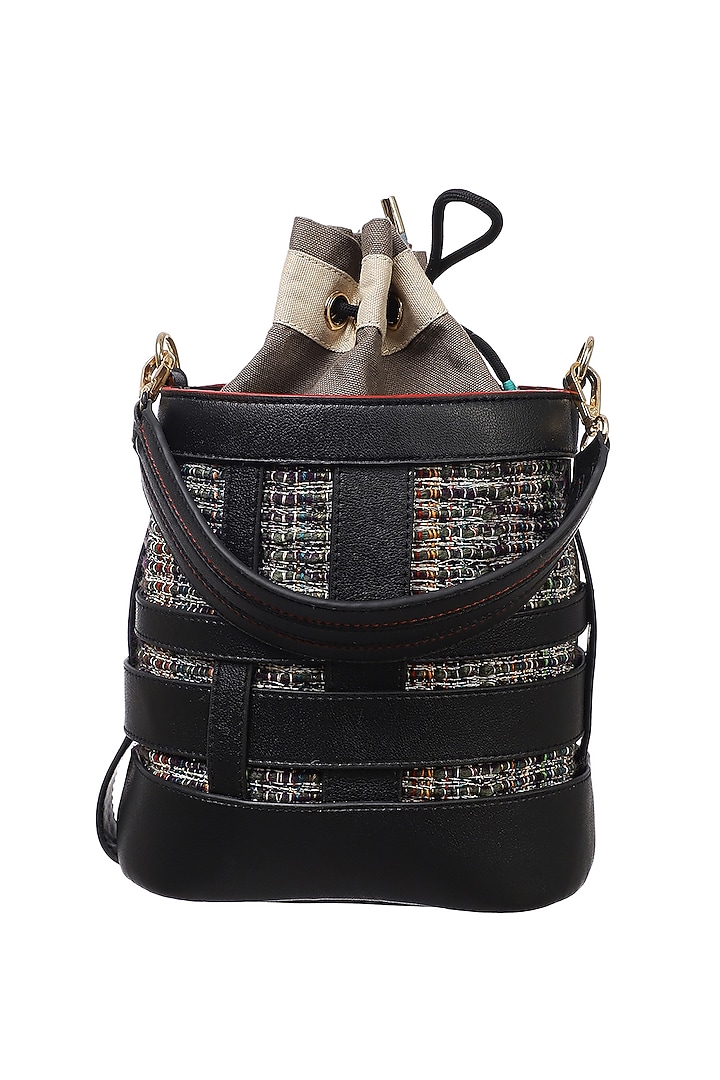 Black Vegan Leather & Woven Cotton Bucket Bag by Etcetera at Pernia's Pop Up Shop