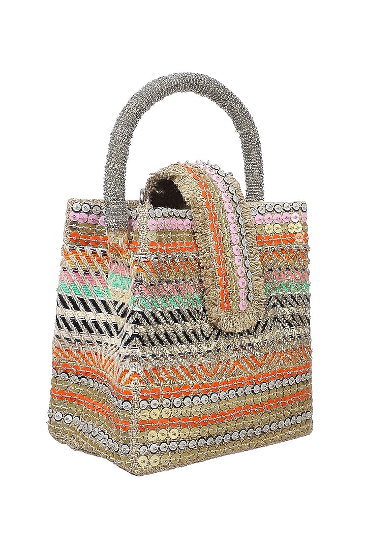 Multi-Colored Jute & Woven Fabric Sequin Embellished Mini Tote Bag by Etcetera at Pernia's Pop Up Shop