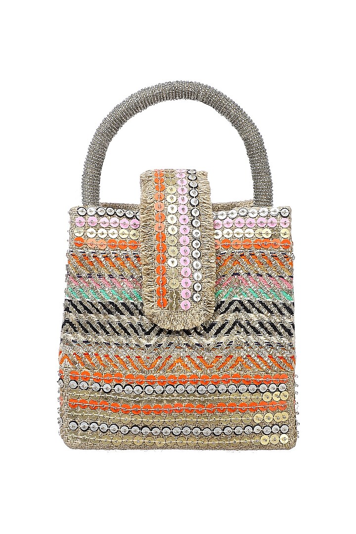 Multi-Colored Jute & Woven Fabric Sequin Embellished Mini Tote Bag by Etcetera at Pernia's Pop Up Shop