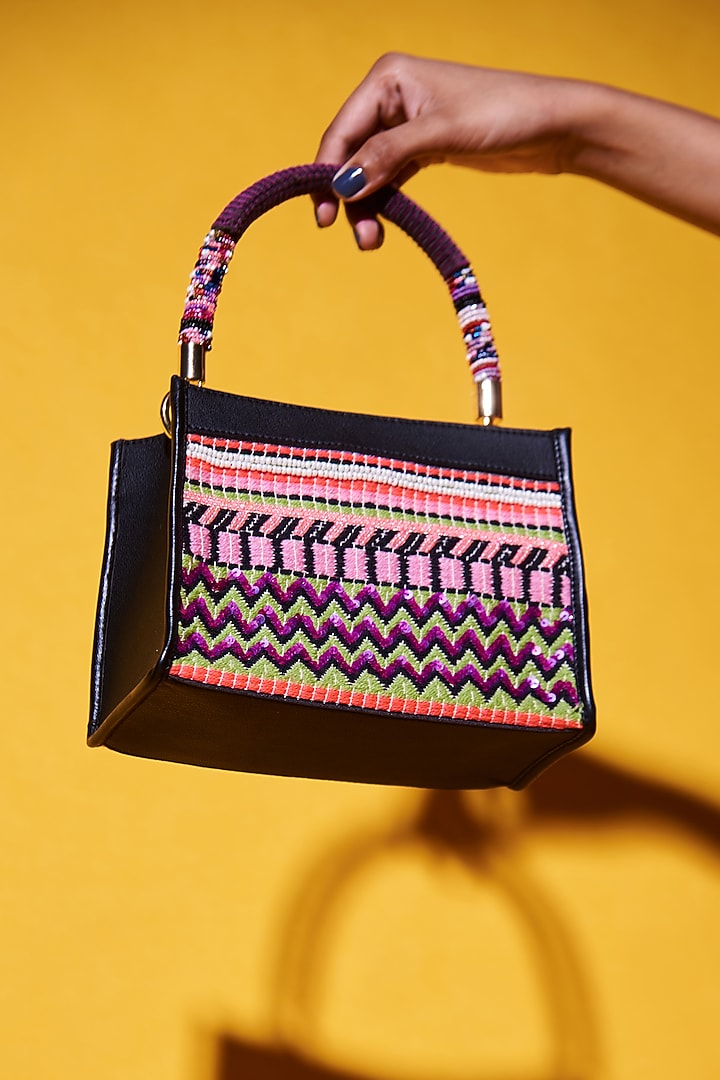 Multi-Colored Handloom & Faux Leather Sequin Embellished Mini Tote Bag by Etcetera at Pernia's Pop Up Shop