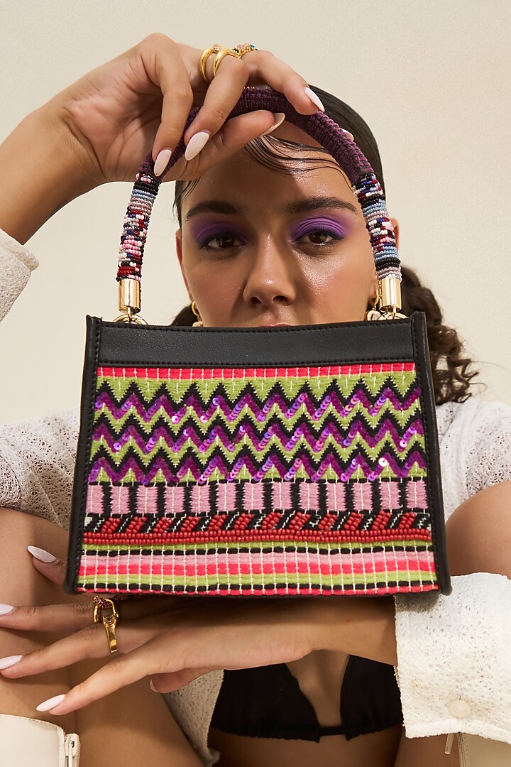 Multi-Colored Handloom & Faux Leather Sequin Embellished Mini Tote Bag by Etcetera at Pernia's Pop Up Shop