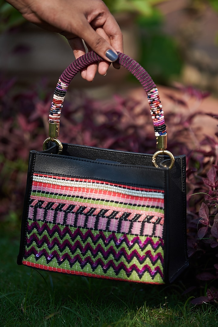 Multi-Colored Handloom & Faux Leather Sequin Embellished Mini Tote Bag by Etcetera at Pernia's Pop Up Shop