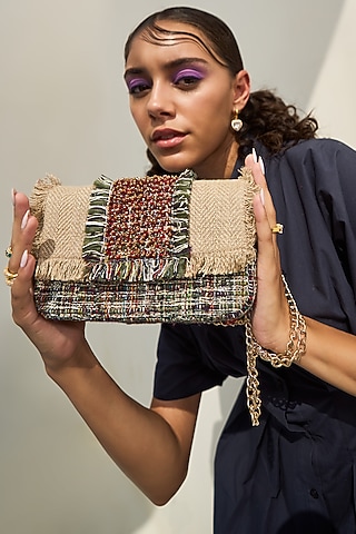 Beige & Red Cotton Jute Bead Embellished Crossbody Bag by Etcetera