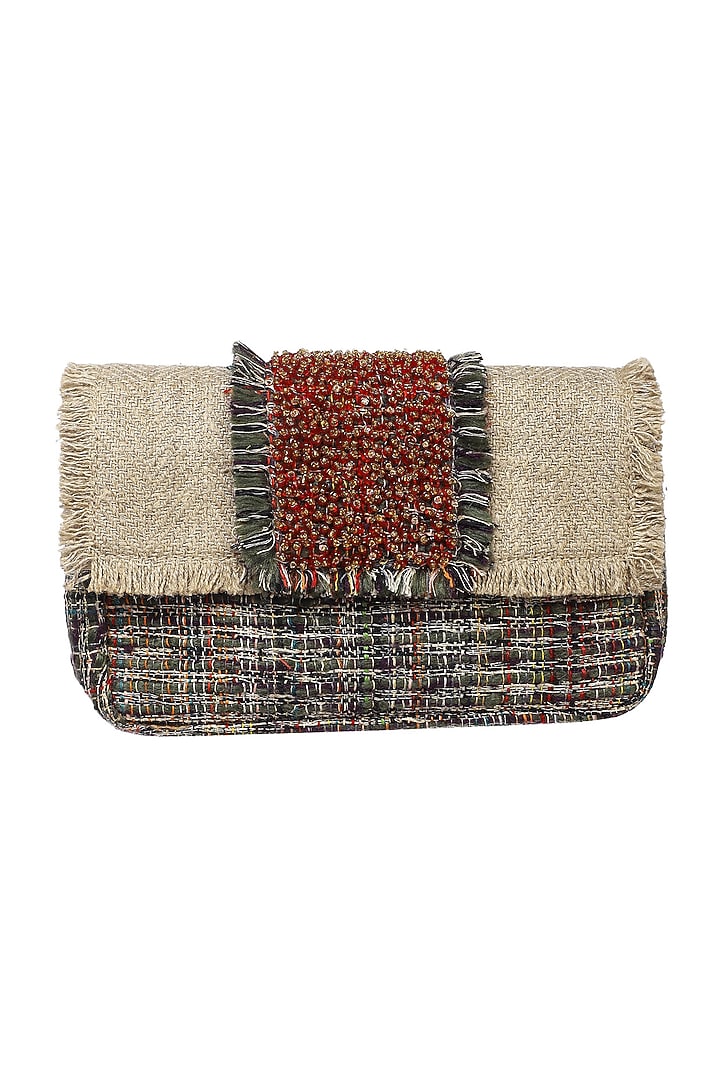 Beige & Red Cotton Jute Bead Embellished Crossbody Bag by Etcetera at Pernia's Pop Up Shop