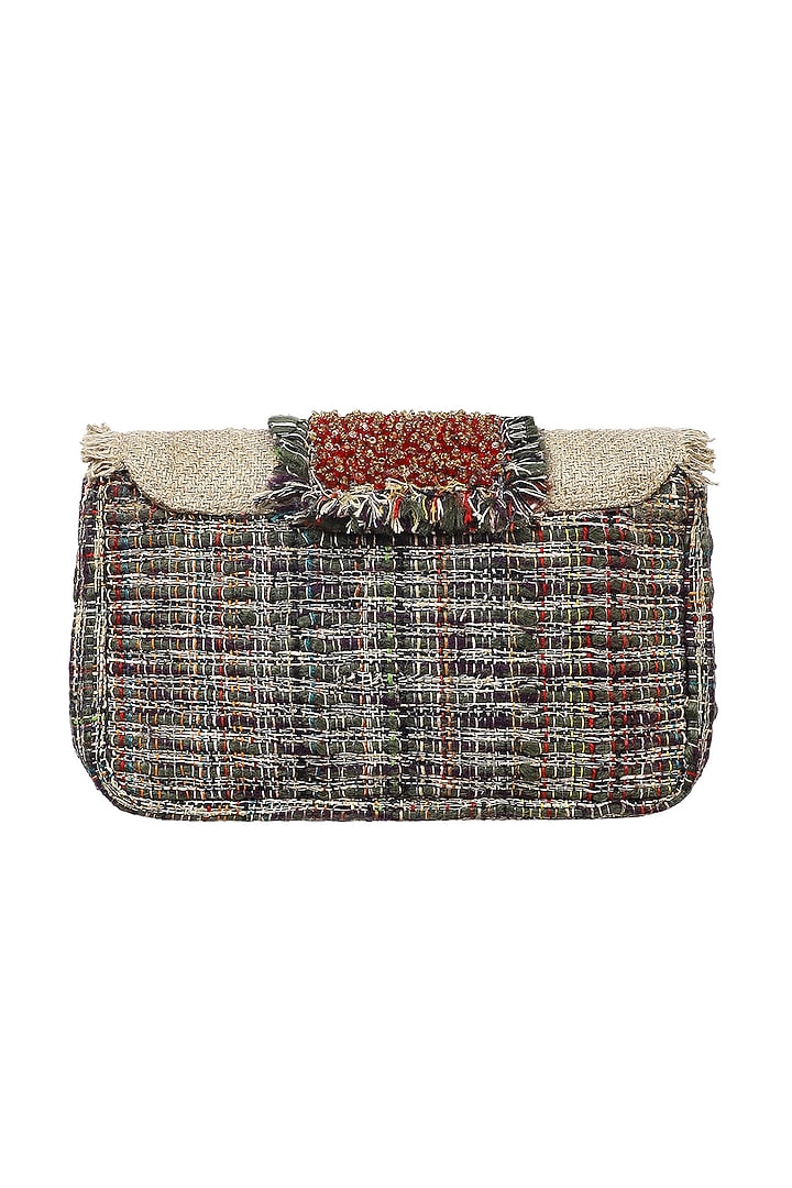 Beige & Red Cotton Jute Bead Embellished Crossbody Bag by Etcetera at Pernia's Pop Up Shop