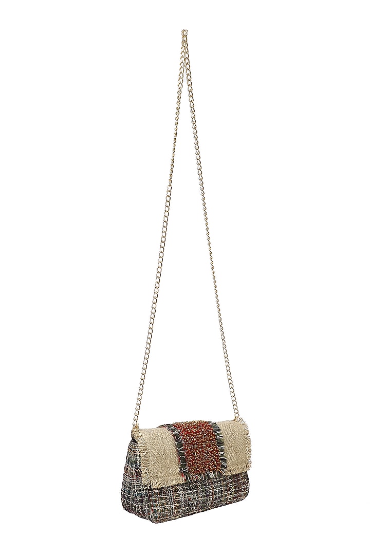Beige & Red Cotton Jute Bead Embellished Crossbody Bag by Etcetera at Pernia's Pop Up Shop