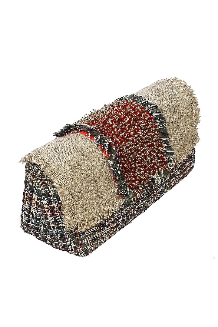 Beige & Red Cotton Jute Bead Embellished Crossbody Bag by Etcetera at Pernia's Pop Up Shop