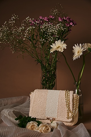 Off-White Cotton Pearl Embellished Handbag by Etcetera