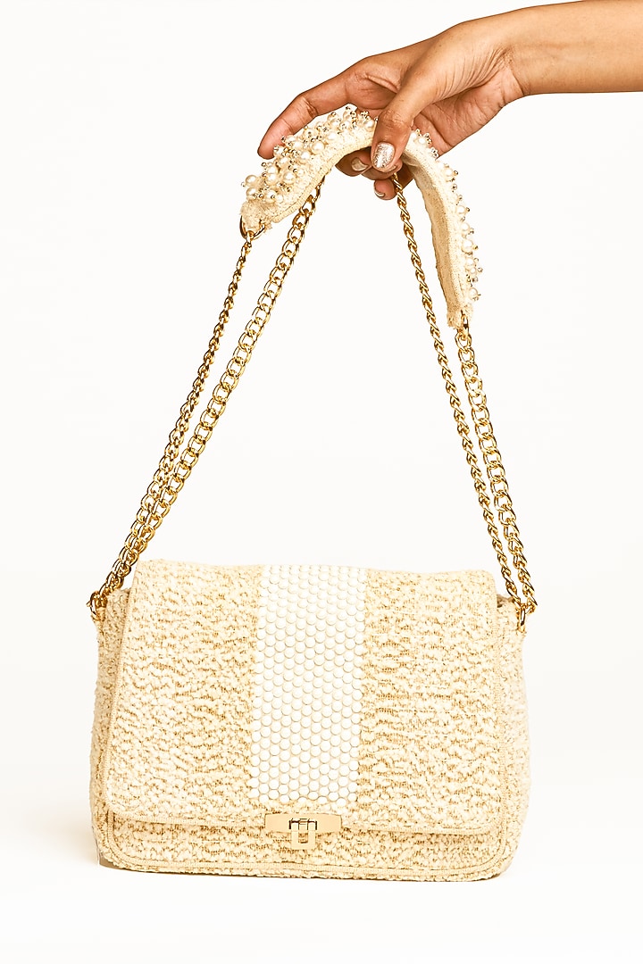 Off-White Cotton Pearl Embellished Handbag by Etcetera at Pernia's Pop Up Shop
