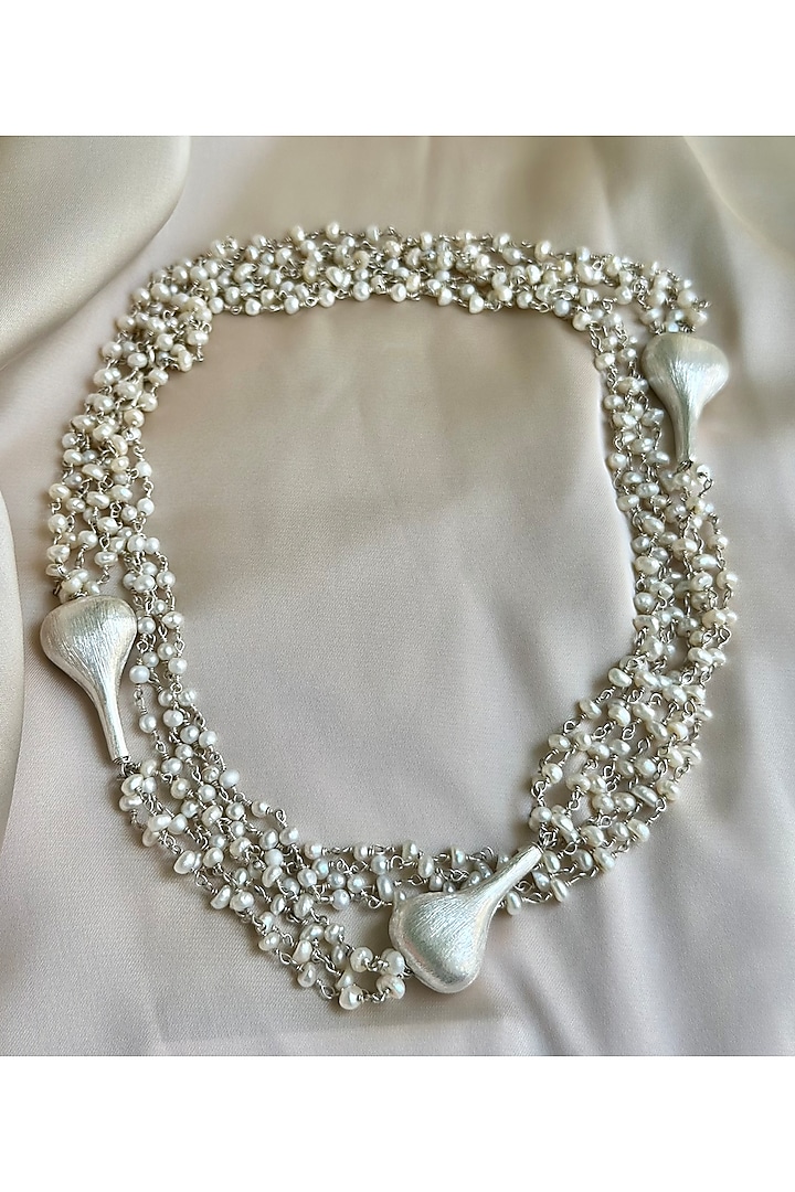 White Finish Freshwater Pearl Long Necklace In Sterling Silver by Eterno India