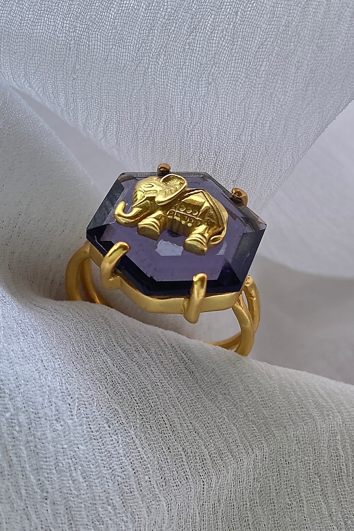 Gold Finish Purple Amethyst Ring In Sterling Silver by Eterno India