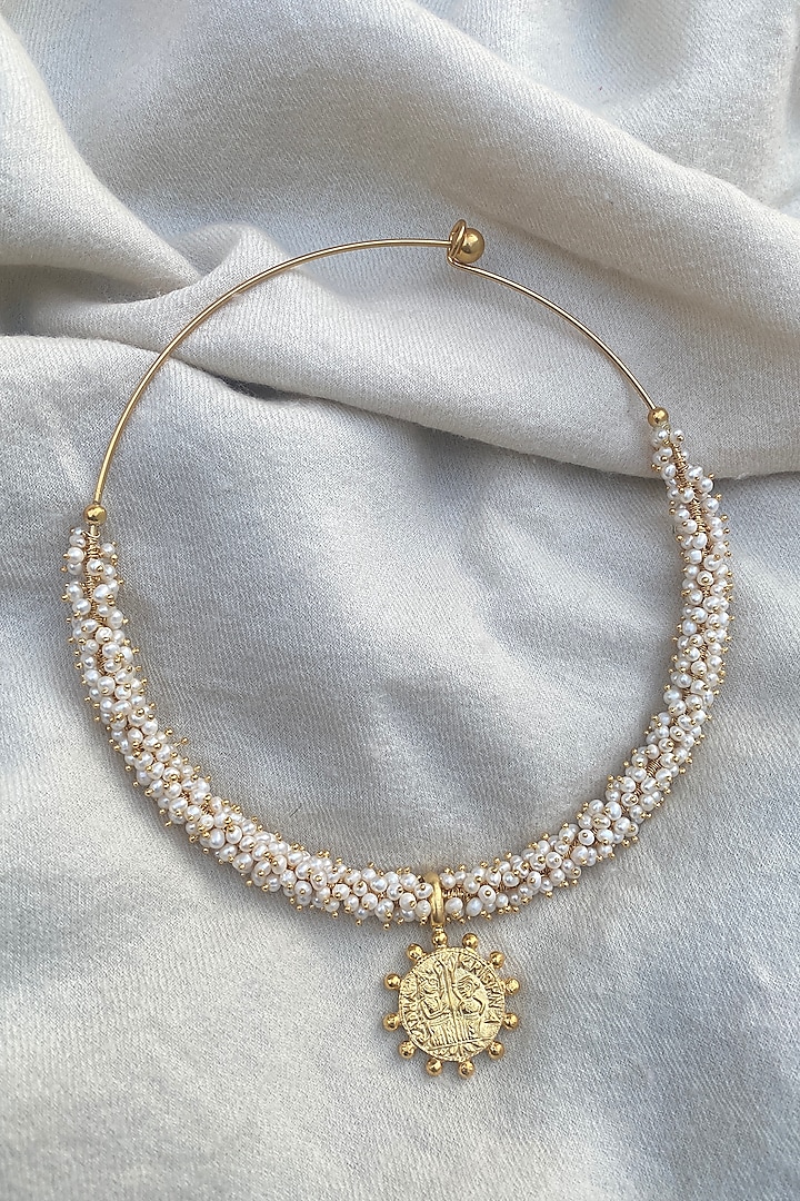 Gold Finish Freshwater Pearl Hasli Choker Necklace In Sterling Silver by Eterno India