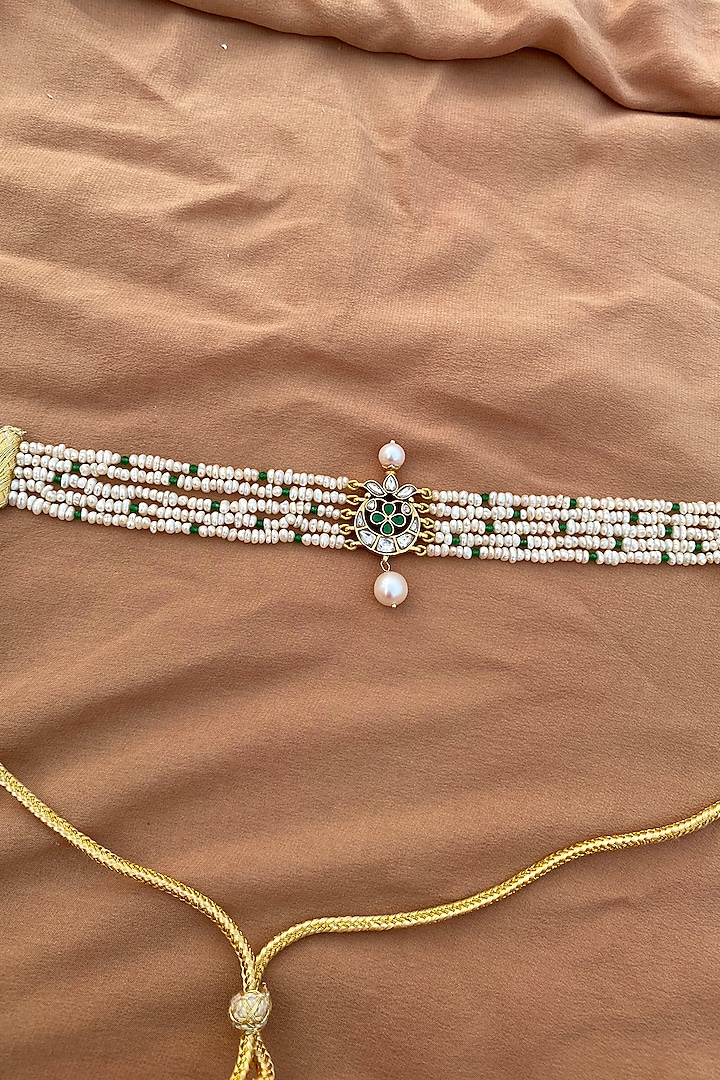 Gold Finish Pearl & Emerald Choker Necklace In Sterling Silver by Eterno India at Pernia's Pop Up Shop