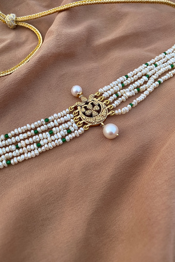 Gold Finish Pearl & Emerald Choker Necklace In Sterling Silver by Eterno India