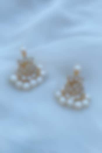 Gold Finish Polki & Pearl Earrings In Sterling Silver by Eterno India